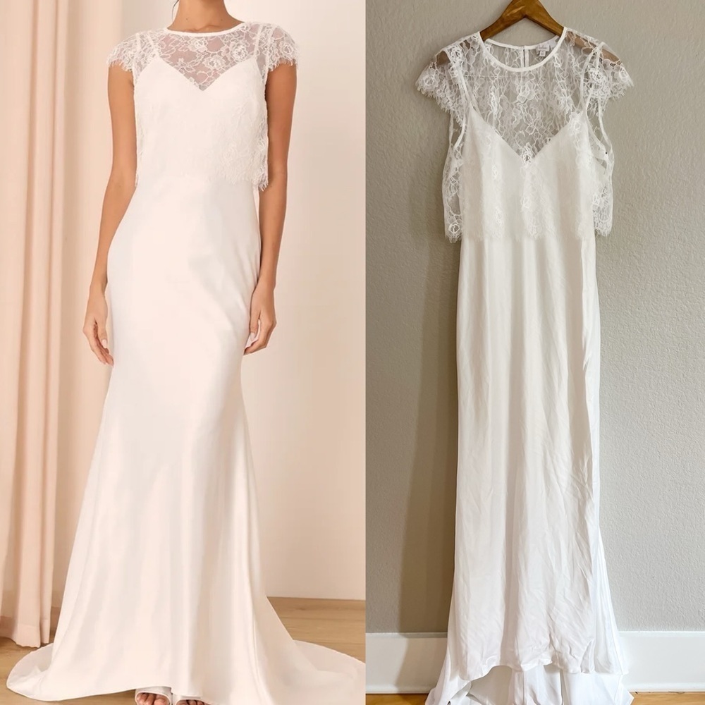 NWOT Eternally Devoted White Lace Cap Sleeve Satin Mermaid Maxi Dress